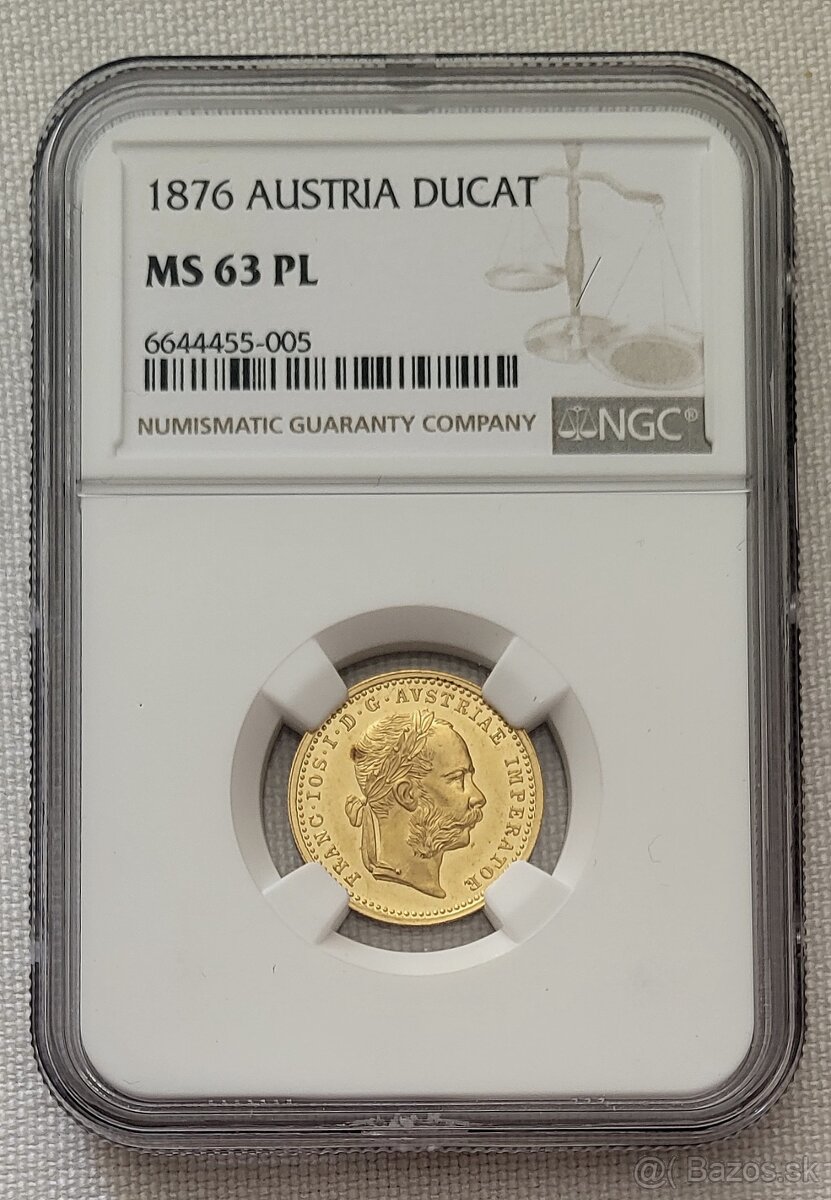 Zlatý dukát Franz Jozef I., 1876, NGC MS63PL