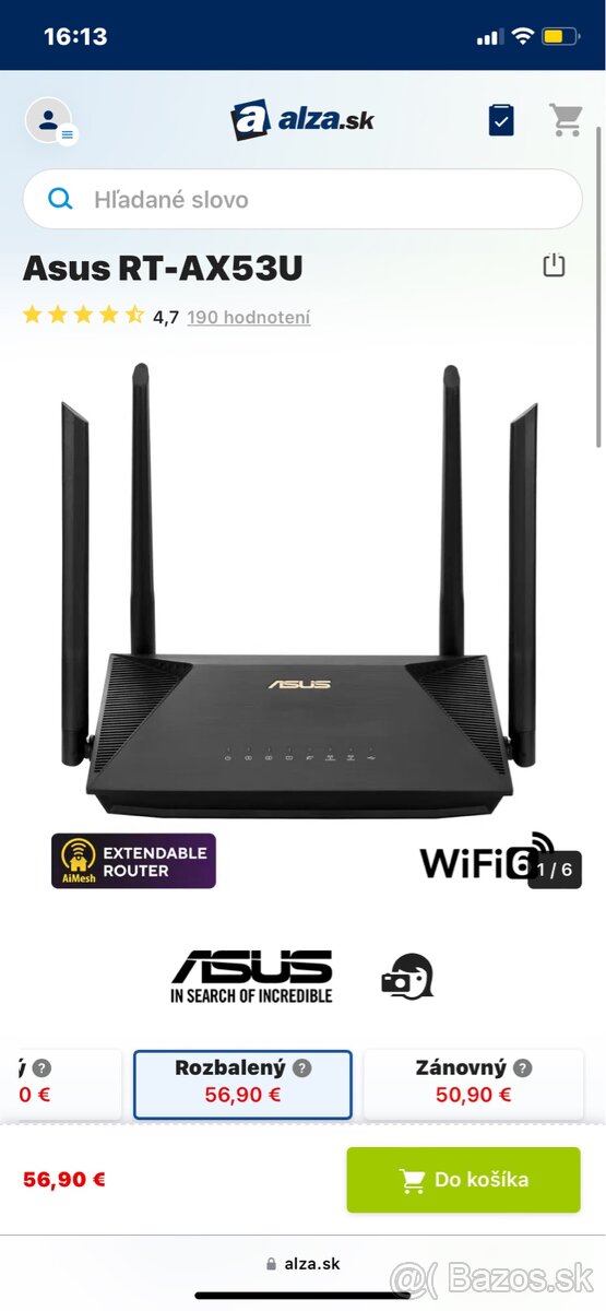 Predám novo-otvorený wifi router ASUS RT-AX53U