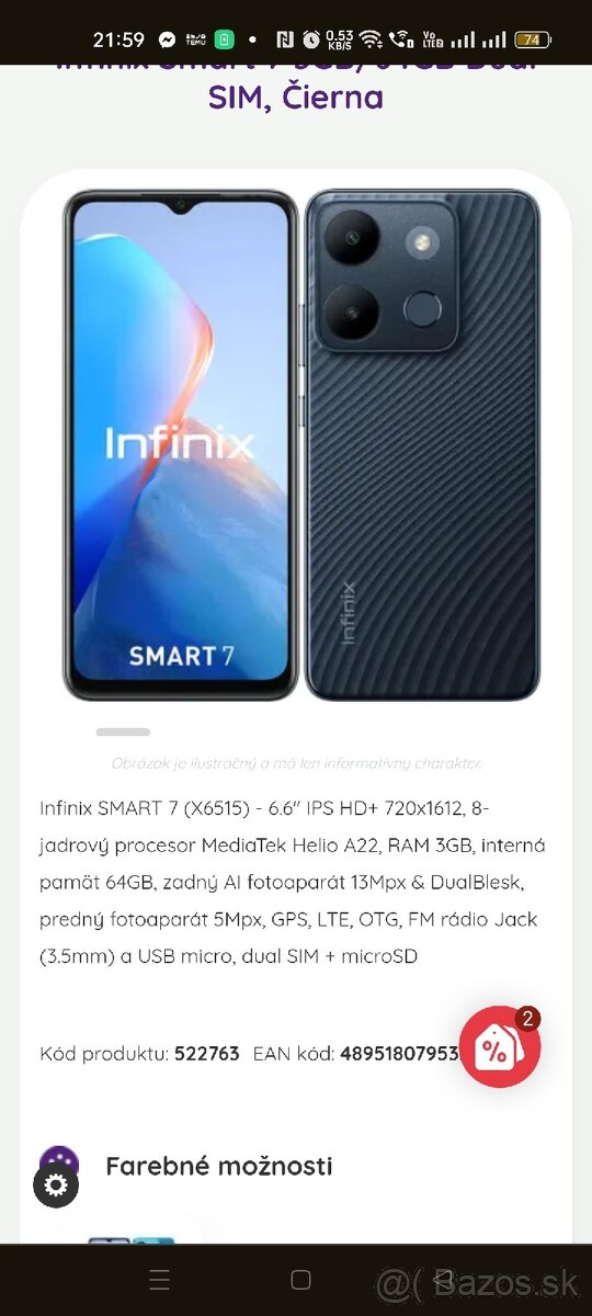 Infinix Smart 7 3GB/64GB Dual SIM, Čierna

