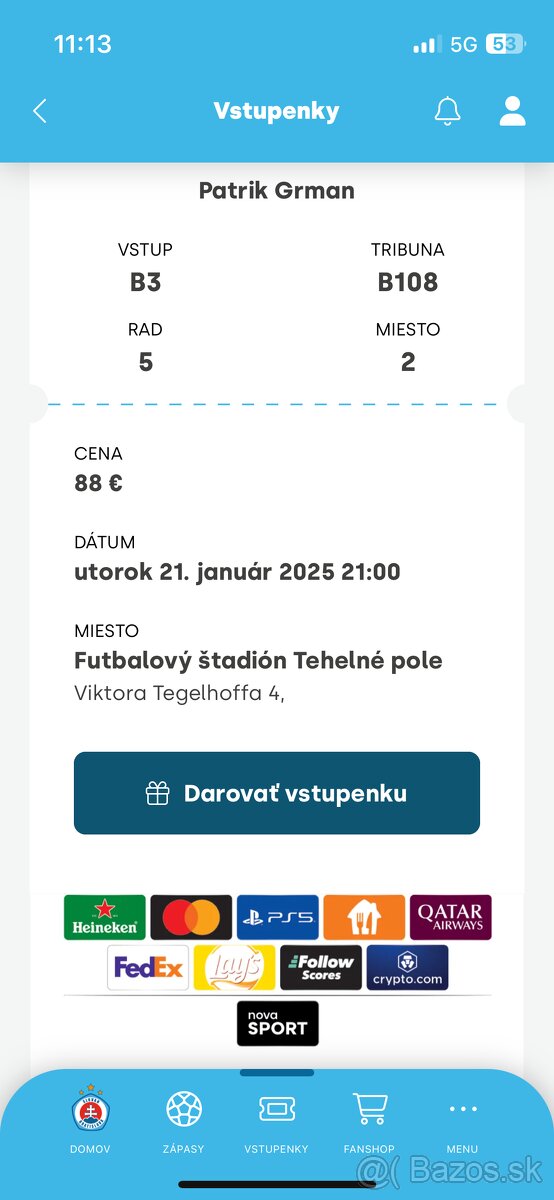 Predám vstupenku na ŠK Slovan Bratislava - Stuttgart