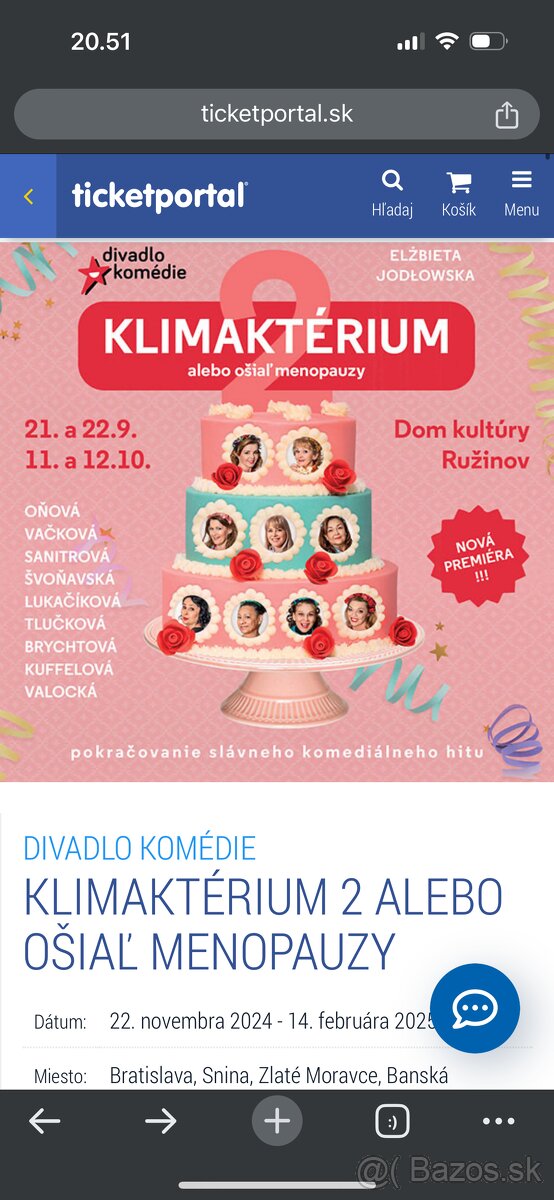 2 listky na Klimakterium 2 v Bratislave na 22.nov