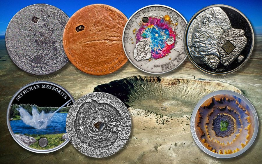 Sada 7 striebornych minci s úlomkami meteoritov