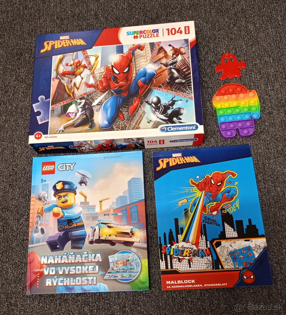 Puzzle Spiderman + omaľovánka + kniha Lego + Pop It