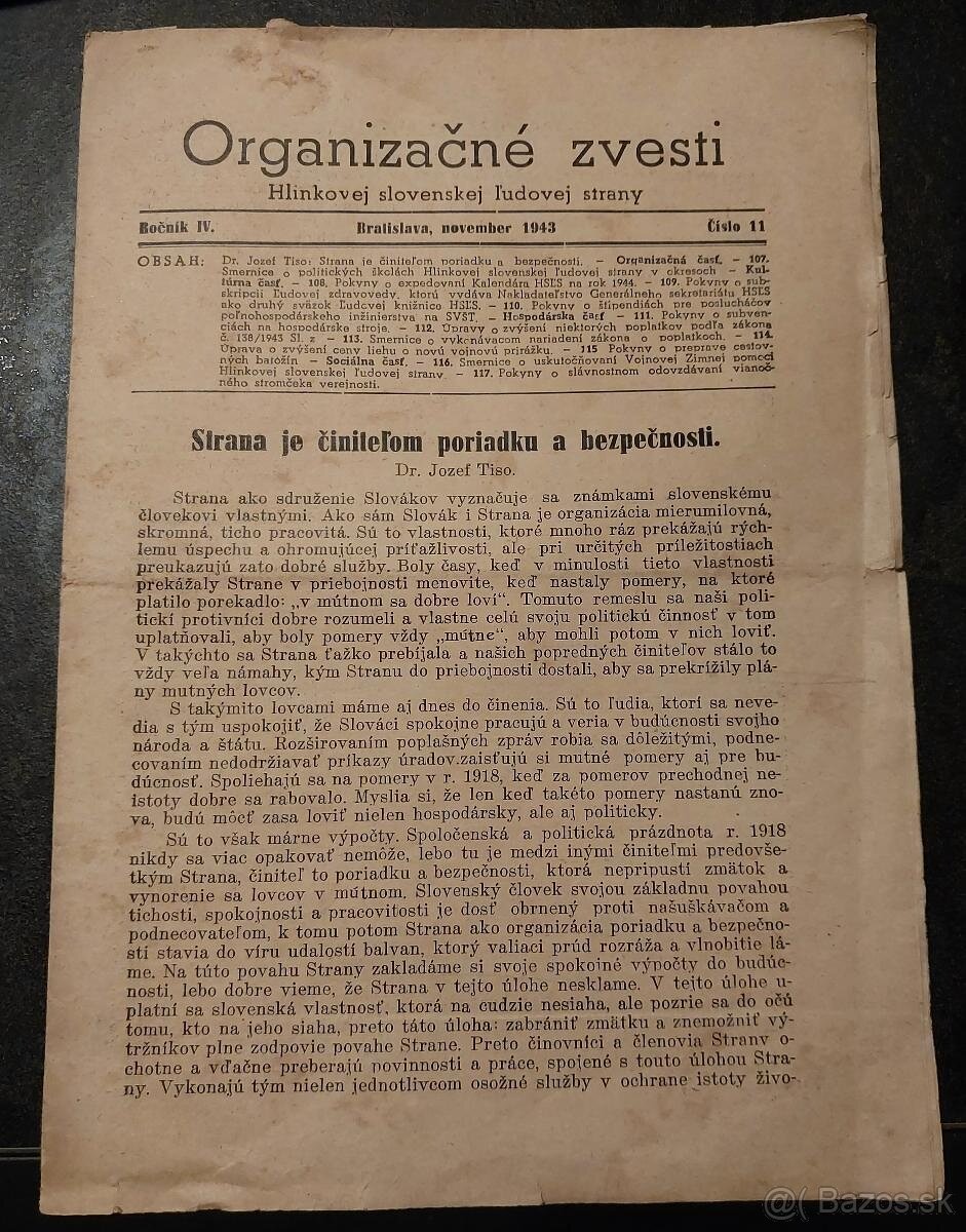 Organizačné zvesti HSĽS november 1943 Slovenský Štát