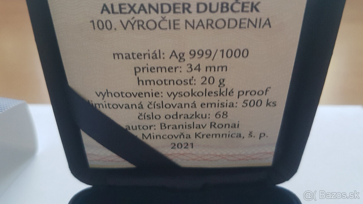 Strieborná medaila Alexander Dubček proof 2021 č. 68 