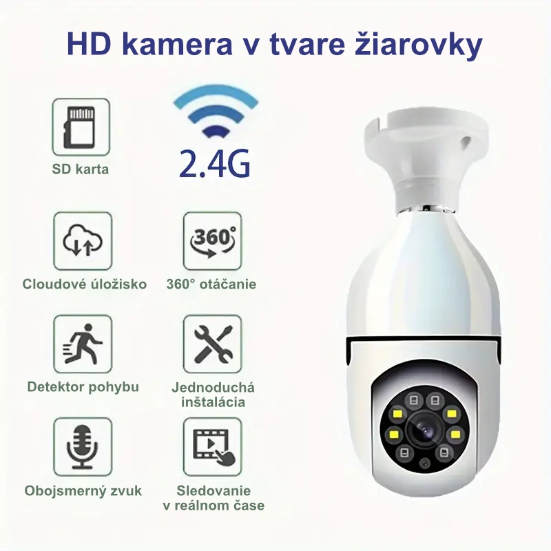 HD kamera v tvare žiarovky - Mikrofón, detekcia pohybu, nočn