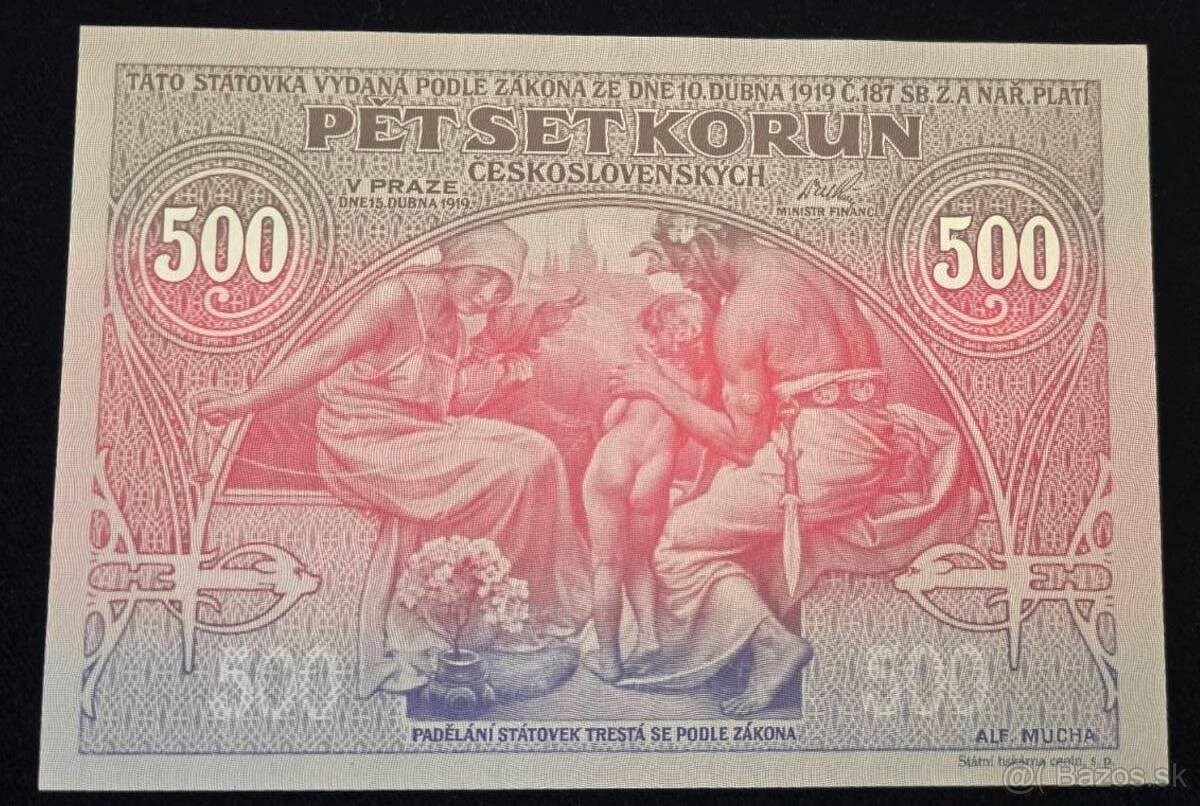 500 Kč 1919 výroční bankovka A. Mucha, Ivančice 2020, UNC st