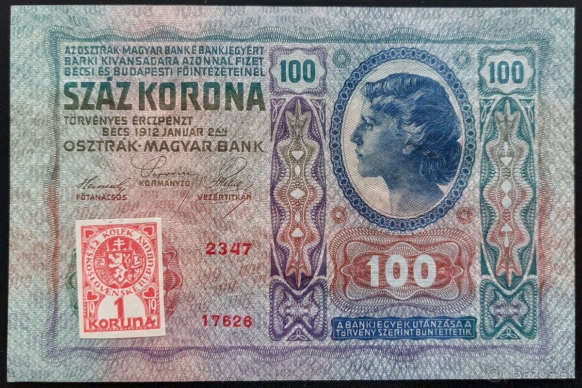 100 KORÚN ROK 1912 RU- KOLOK ČSR 1919 - VEĽMI VZÁCNA