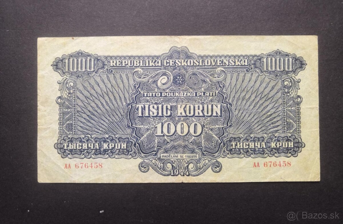 1000 korun 1944,vzacna bankovka neperforovana