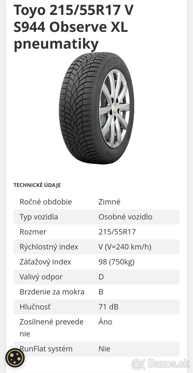 Predam zimne pneumatiky Toyo 215/55R17