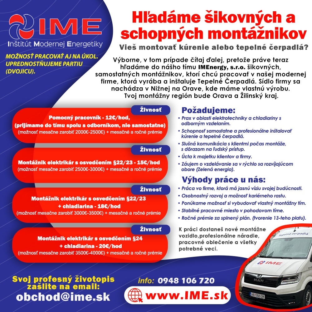 Hľadáme: Inštalatéri tepelných čerpadiel, kúrenári  | IME