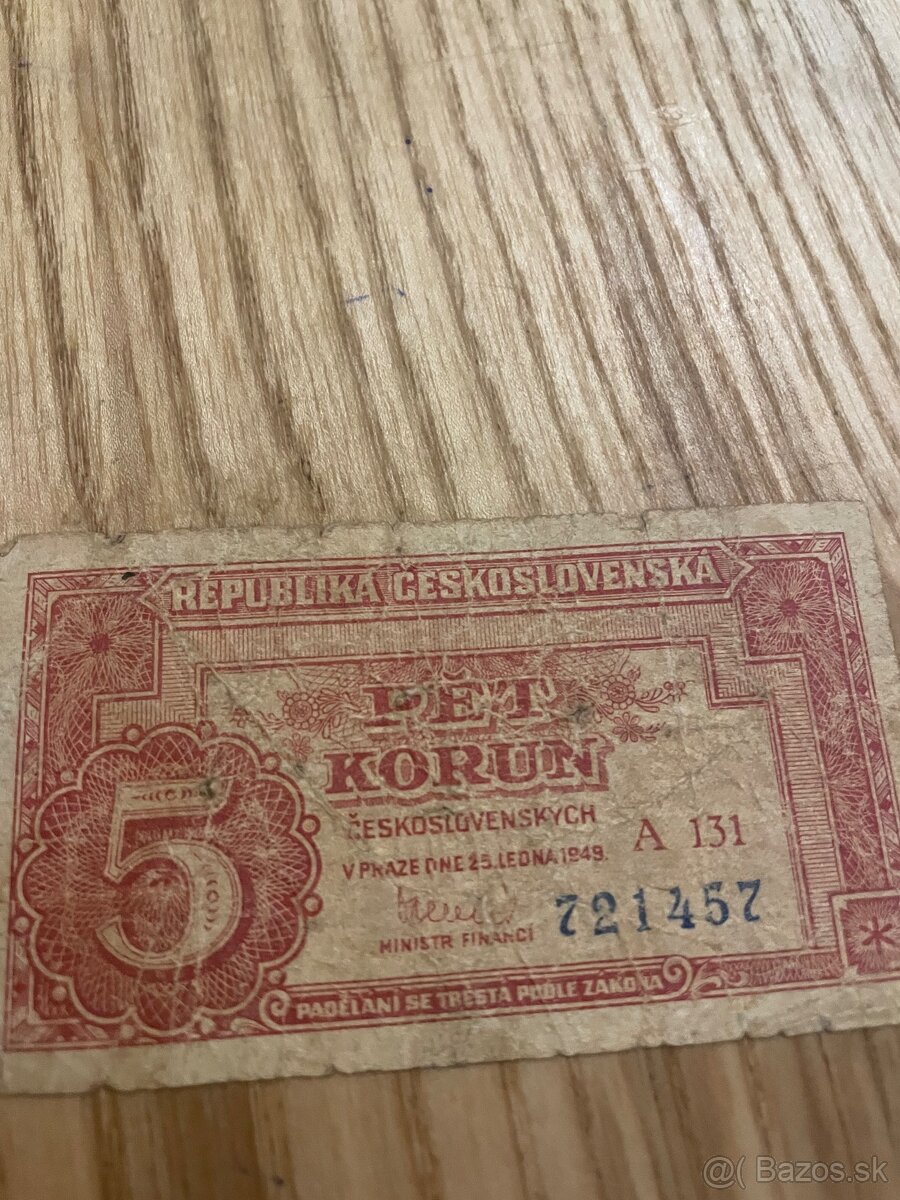 Stará bankovka 5korún z roku 1949