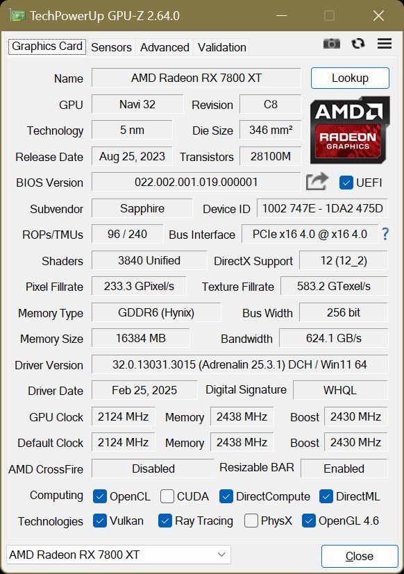 Sapphire Radeon Pulse RX 7800 XT 16GB