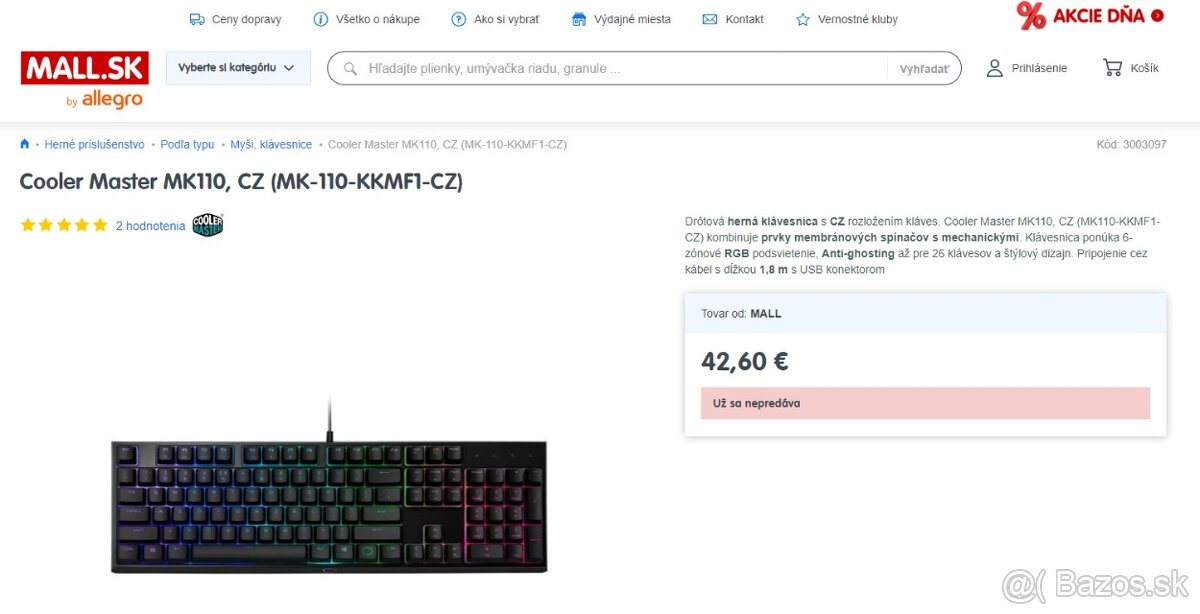 Podsvietená klávesnica Cooler Master MK110, CZ