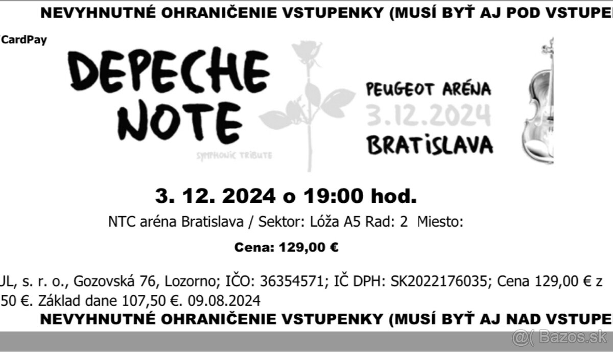 2 lístky do Lóže A5 - Bratislava 3.12.2024 DEPECHE NOTE