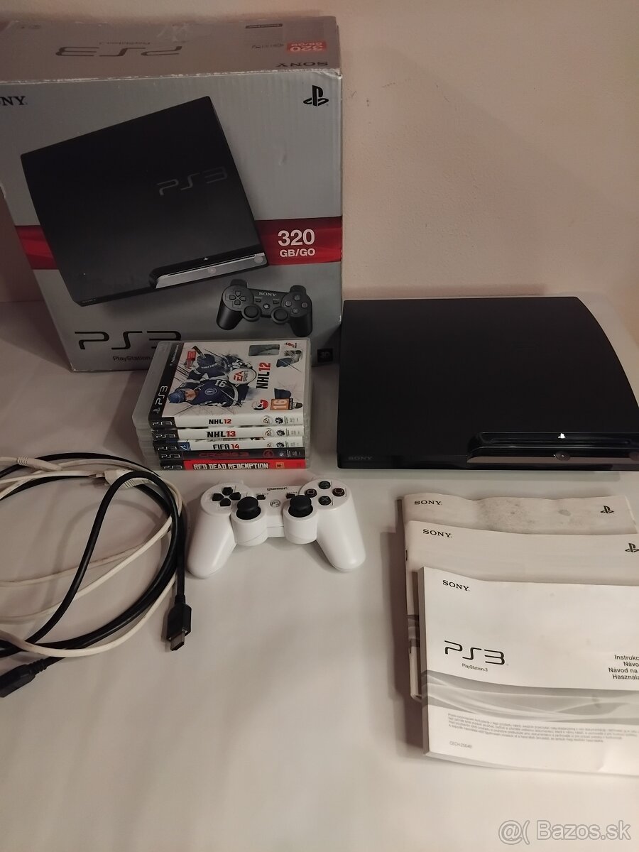 PS3 Slim 320GB s krabicou + Ovládač + 5 hier