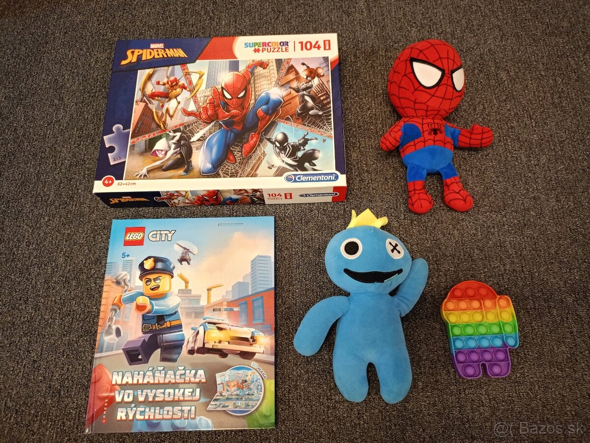 Puzzle Spiderman + kniha Lego + 2x plyšák + Pop It