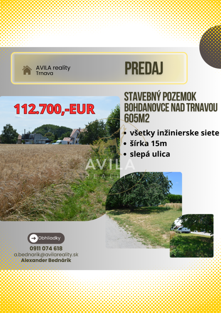 NA PREDAJ: stavebný pozemok 605m2 - Bohdanovce nad Trnavou