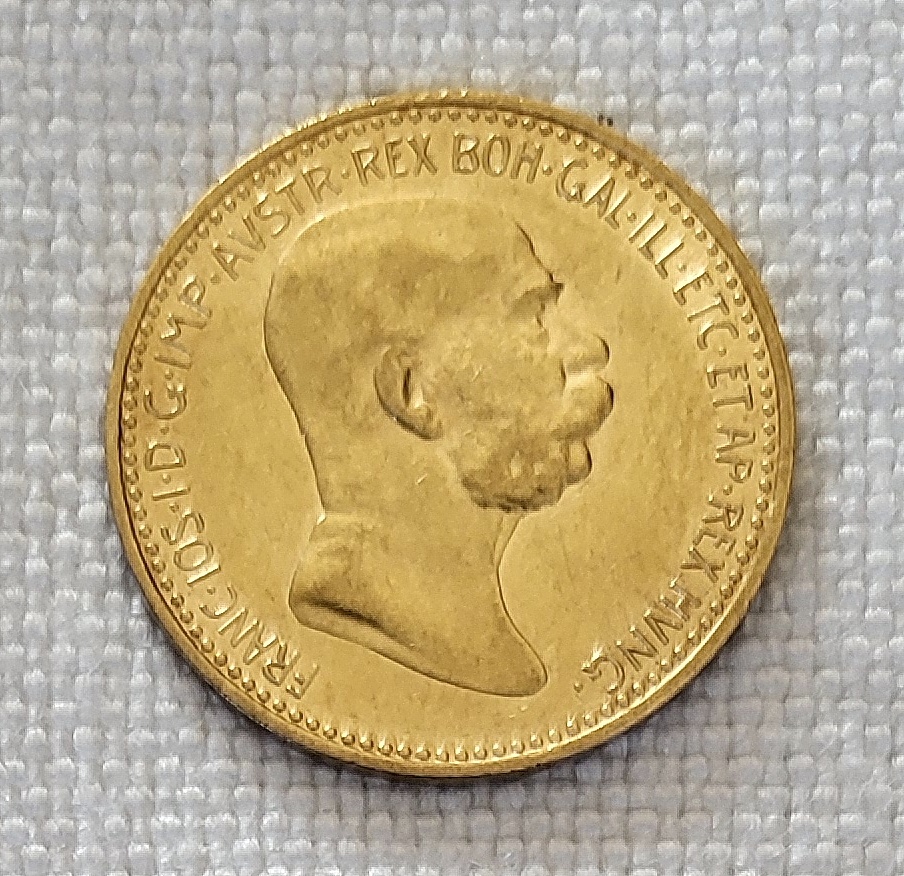 Zlatá rakúska 10 koruna FJI, 1908 bz, jubilejka