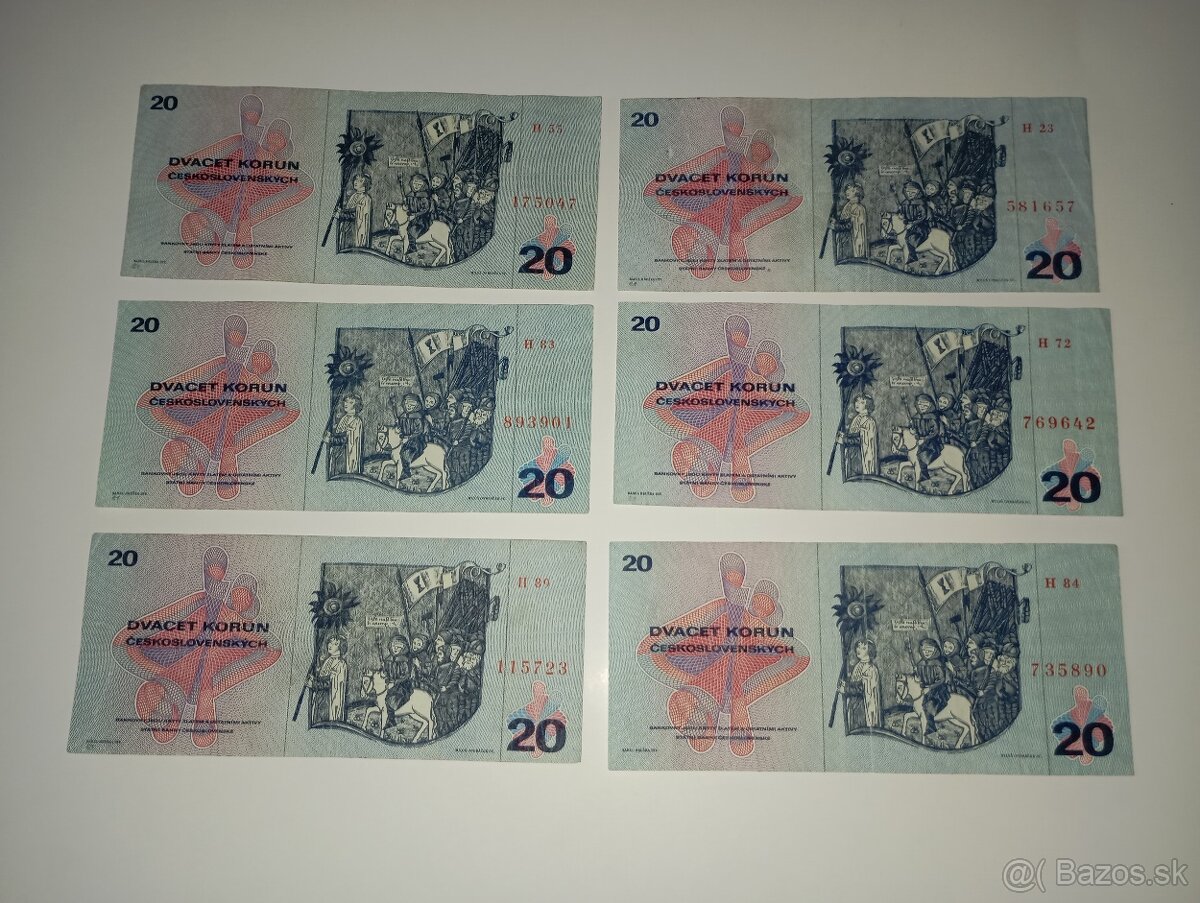 BANKOVKY 20 KČS 1970, VZÁCNĚJŠÍ SÉRIE H, 6 KUSŮ