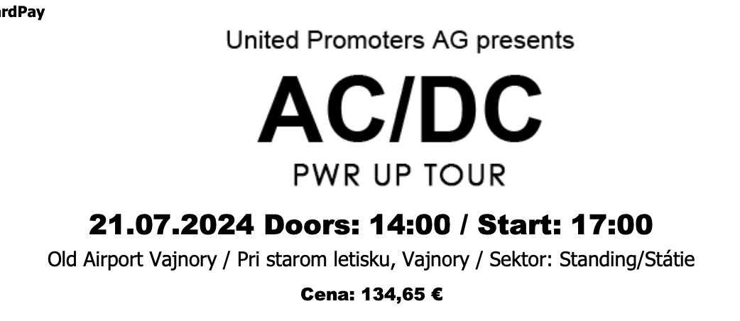 AC/DC - PWR UP TOUR listok na koncert Bratislava