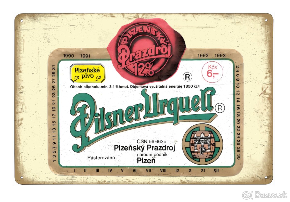 plechová cedule - Pilsner Urquell 12° (dobová pivní etiketa)