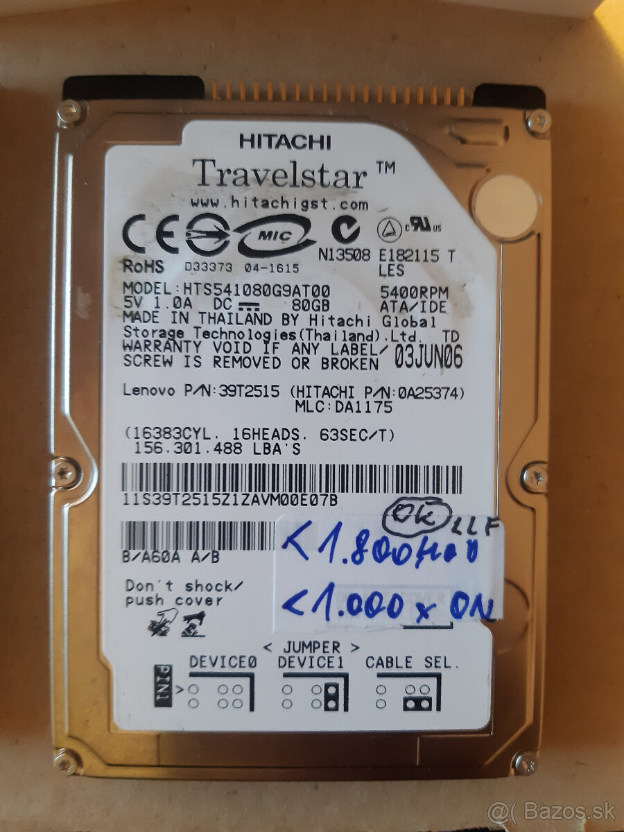 HDD ATA/IDE 2,5" 80GB 5400RPM HITACHI HTS541080G9AT00