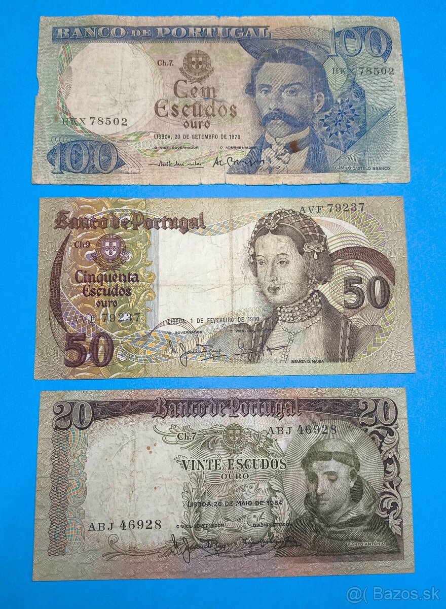 Bankovky PORTUGALSKO - 20, 50, 100 Escudos od 1964