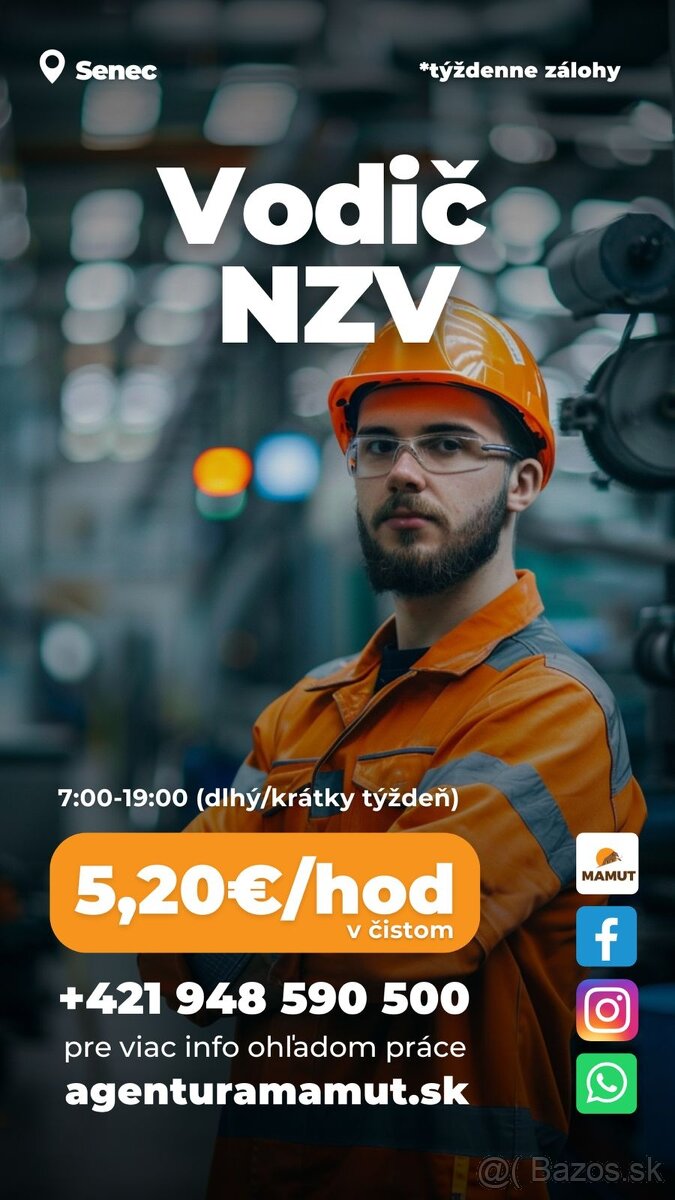 Vodič NZV na 1 zmenu v Senci s týždennými zálohami + doprava