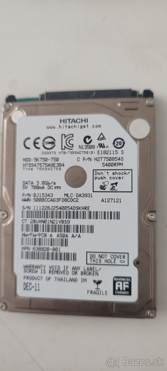 Hitachi 750 GB 2,5" SATA HDD HTS547575A9E384