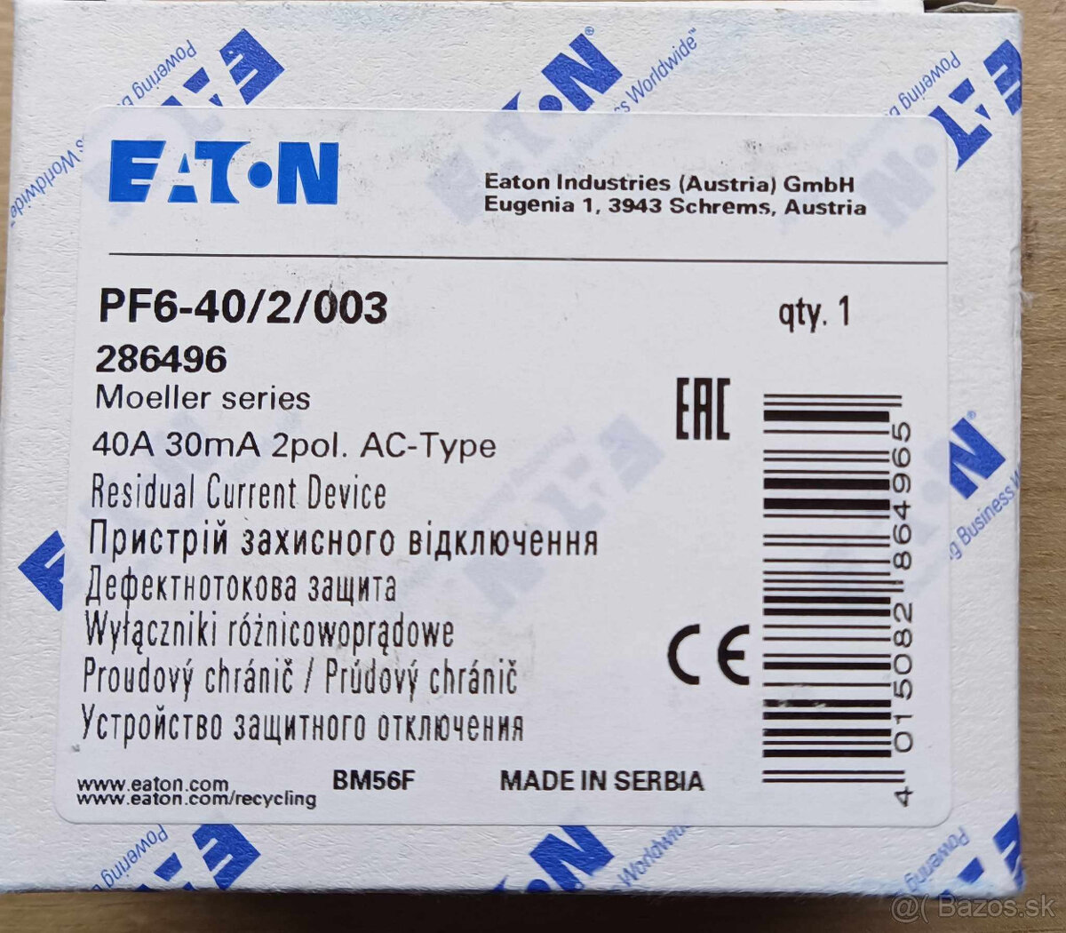 Prúdový chránič EATON 2P 40A - 286496