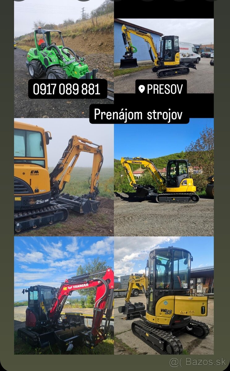 Prenájom bagra Hyundai, komatsu,Jcb,yanmar, Avant nakladač