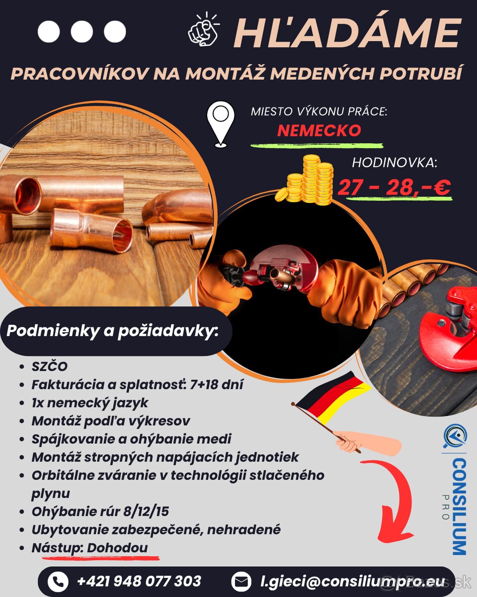 Hľadáme pracovníkov na montáž a inštaláciu medených potrubí