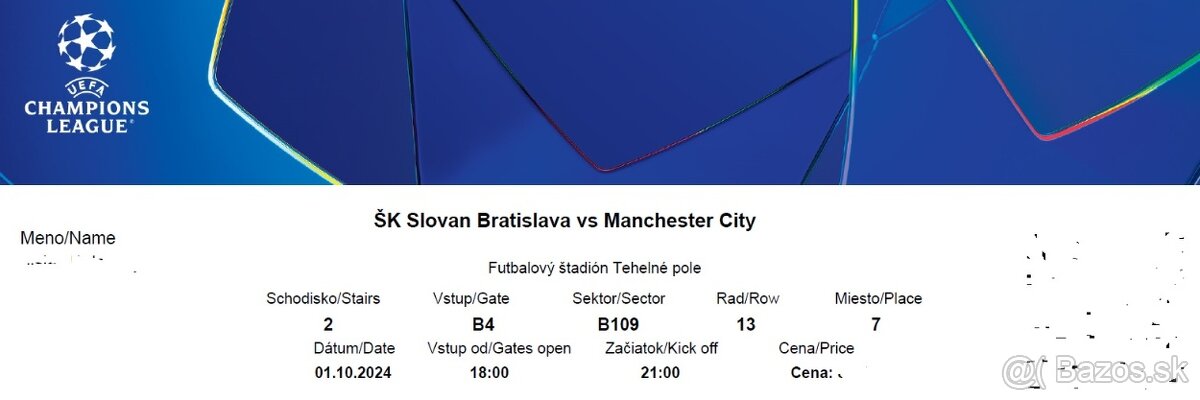 Vstupenka ŠK Slovan - Manchester City