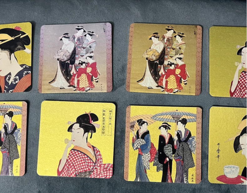 Vintage Ukiyoe Japanese Coaster Set of 8 Geisha Girl Gold Co