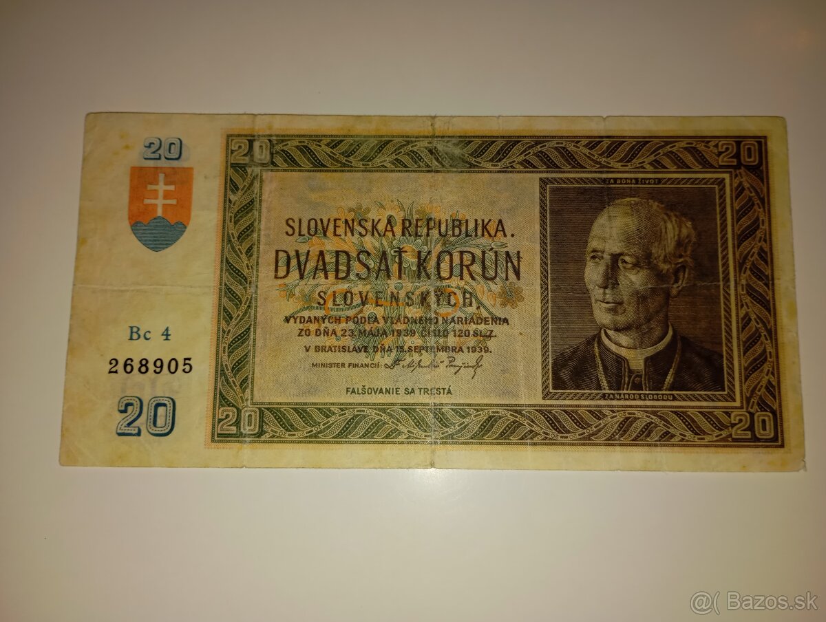 VZÁCNÁ BANKOVKA 20 KS, 1939, NÍZKÁ SÉRIE, NEPERFOROVANÁ