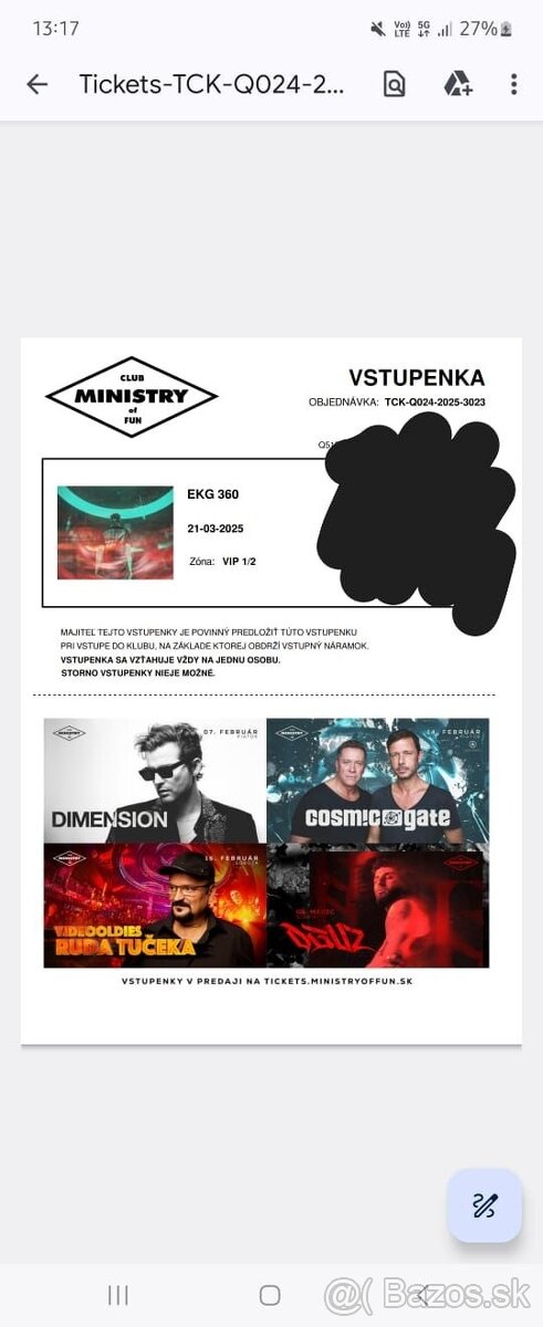 Predám 2 vstupenky do VIP na DJ EKG  v MINISTRY of FUN