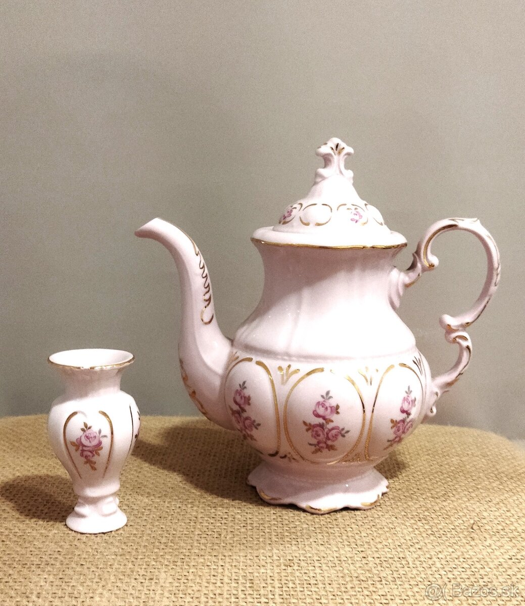 Retro dětské hrníčky. Růžový porcelán mísa,hrníčky,konvička