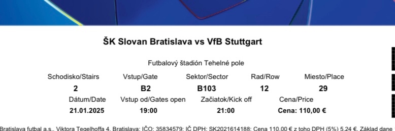 2 x lístok vedla seba ŠK SLOVAN Bratislava vs. VfB Stuttgart