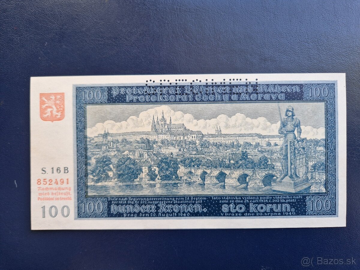 Bankovka 100 Korun Protektorat Čechy a Morava 1940