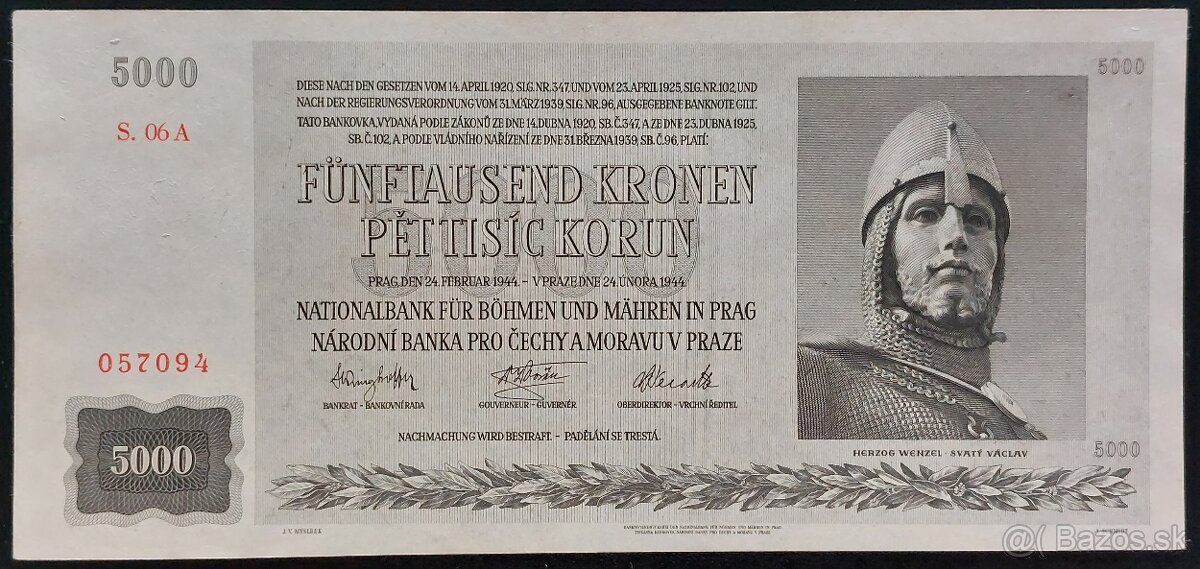 5000 KORÚN ROK 1944, PROTEKTORÁT- NEPERFOROVANÁ