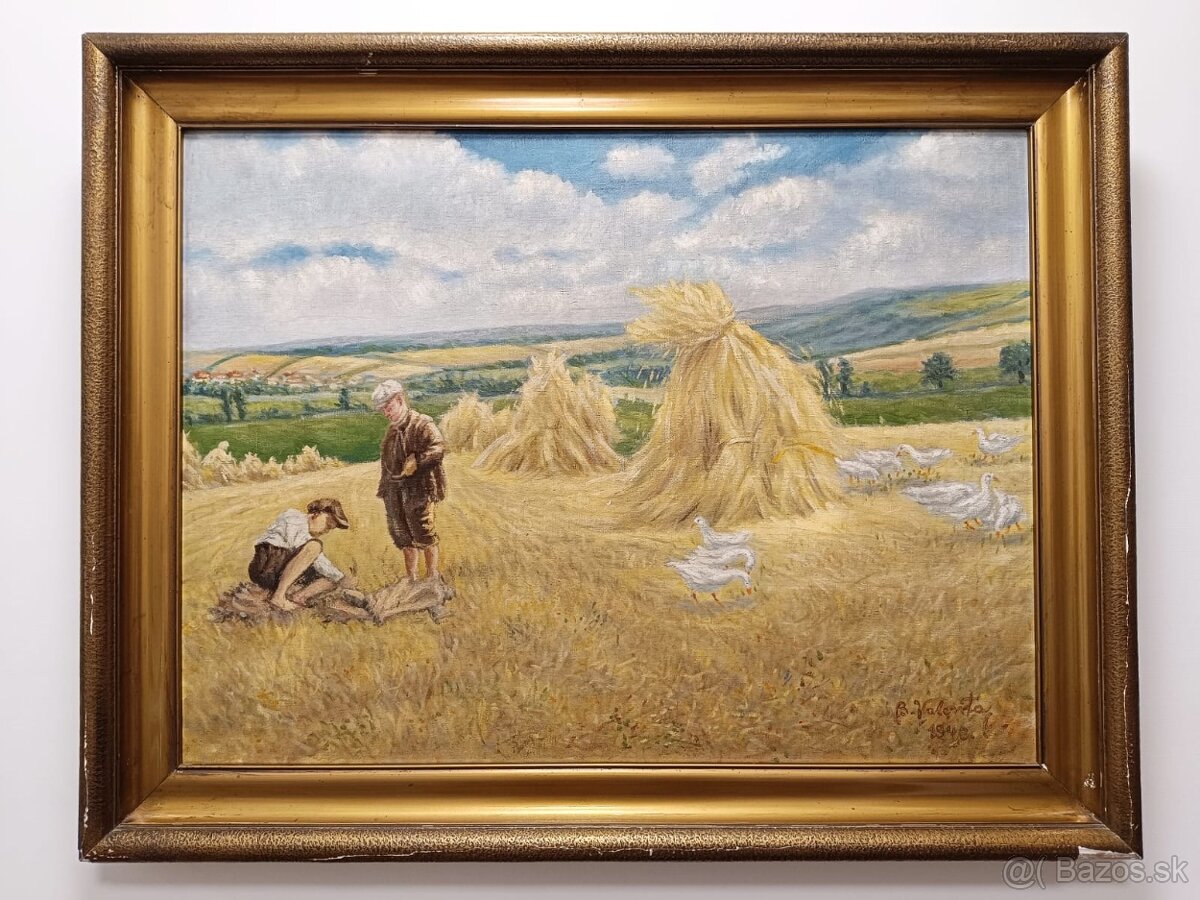 Obraz B. Valenta, Po žních 1940, olej na plátně 75x60