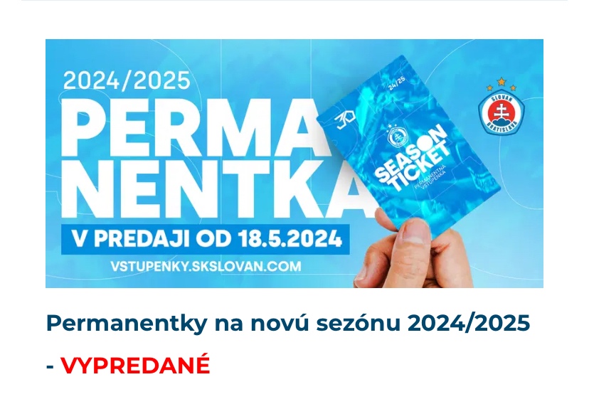 Prodám až 4 permanentky Slovan Bratislava