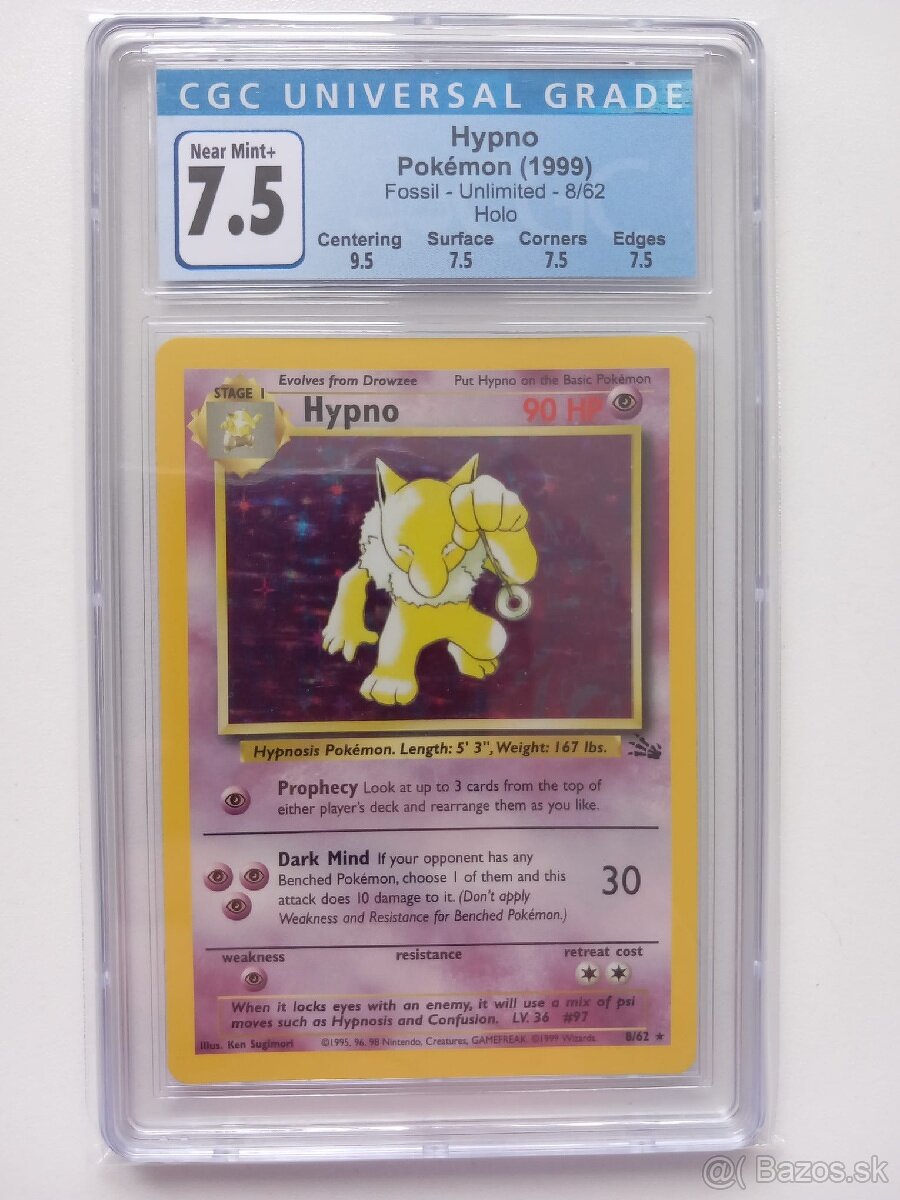 Pokemon karta Hypno 1999, Fossil Unlimited Holo, CGC 7.5