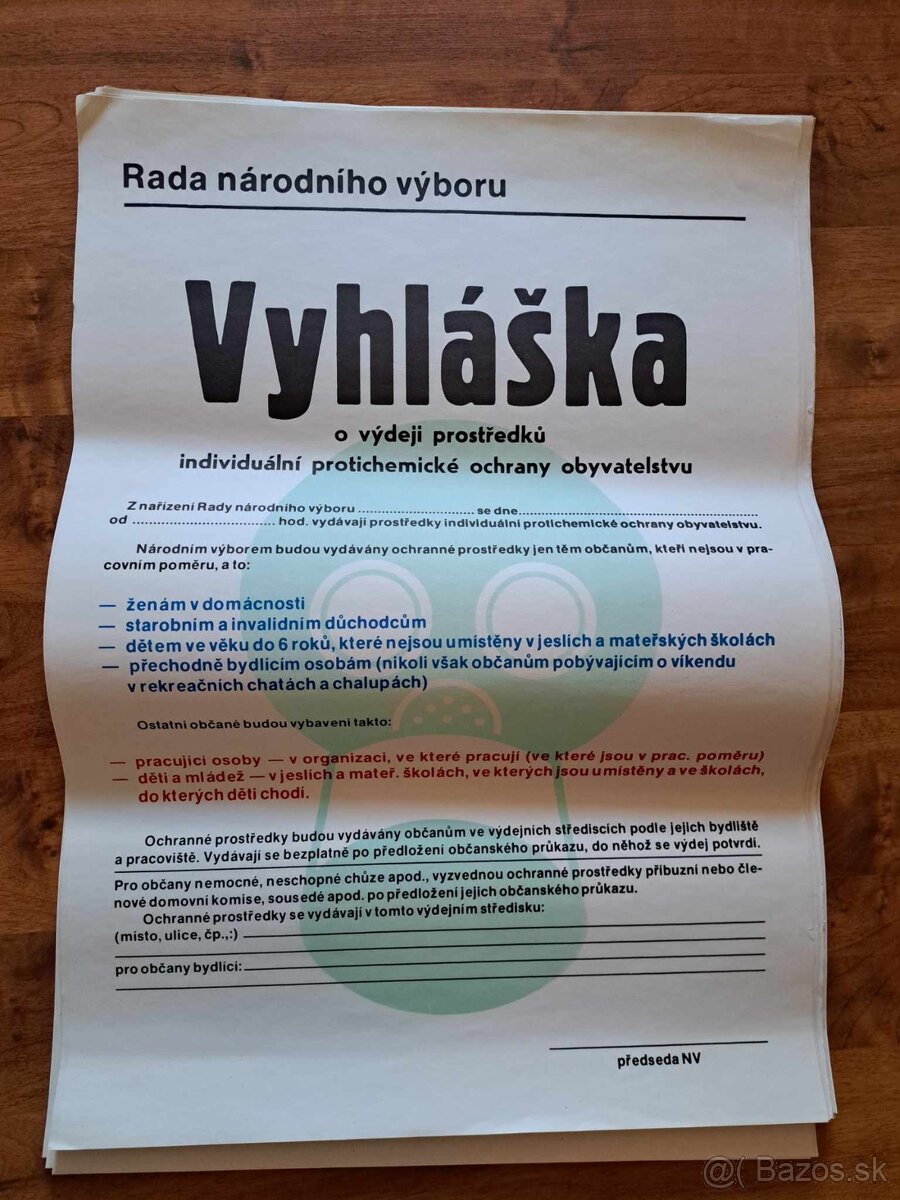 Plagát - vyhláška o výdaji prostriedkov CO obyvateľstvu