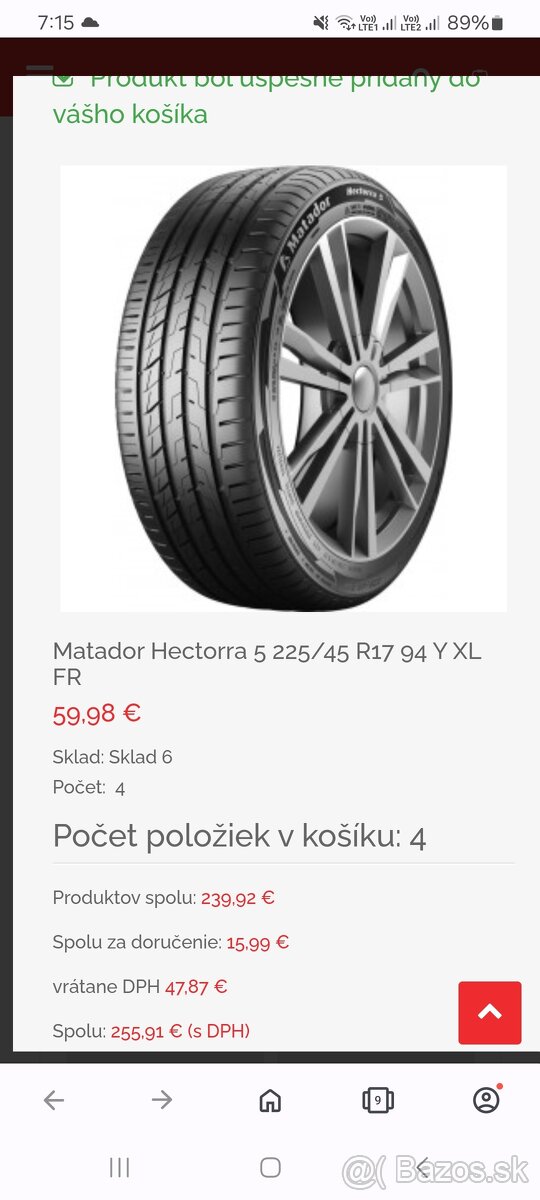 Predám letné pneumatiky Matador Hectora5 225/45 r17,dot 4023