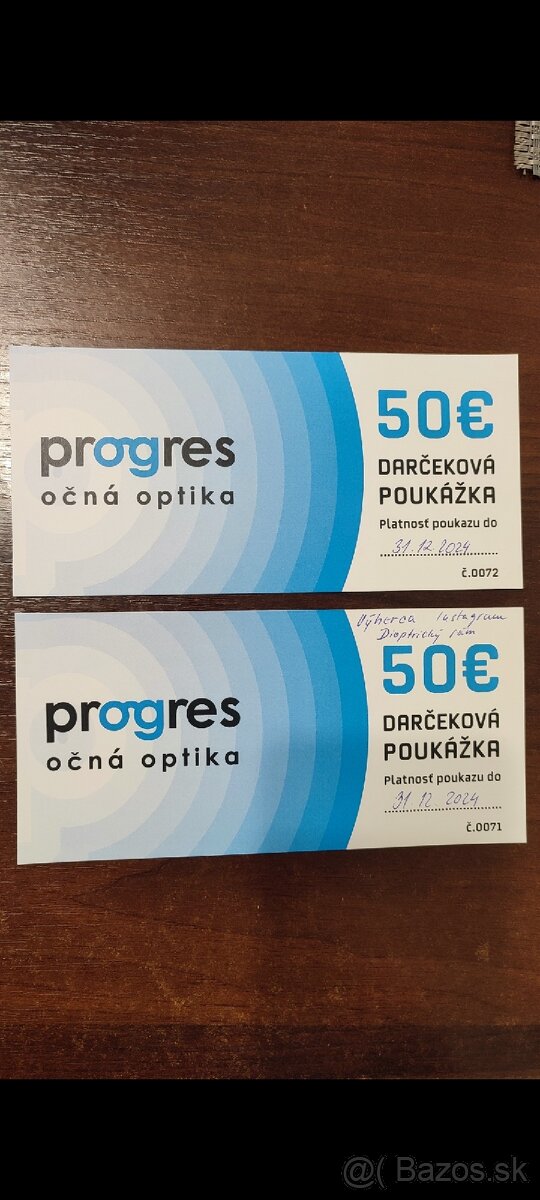 Predám 2x poukaz Progres očná optika