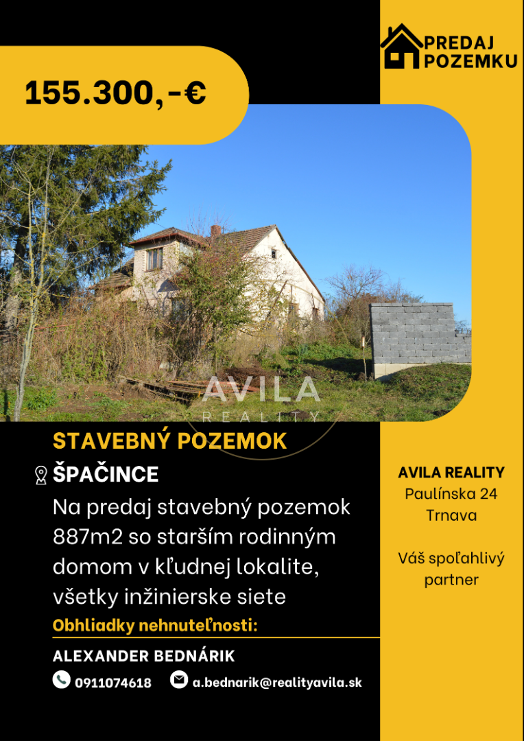 NA PREDAJ: stavebný pozemok 887m2 so starším RD - Špačince