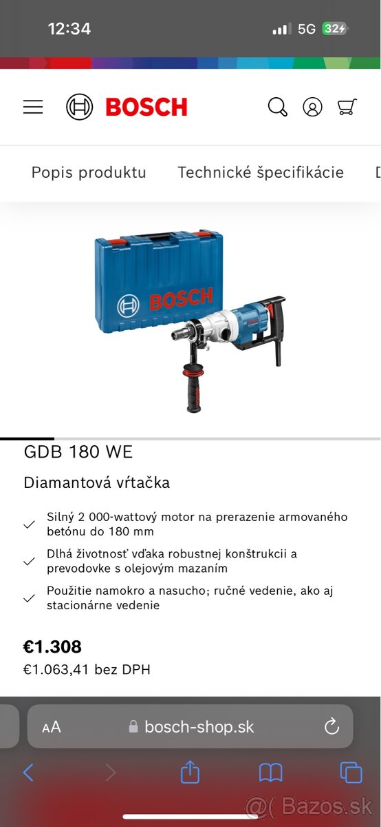 Jadrová vŕtačka Bosch GDB 180 WE professional