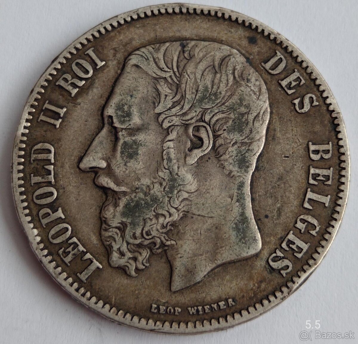 Stříbrná mince 5 Frank 1868 Leopold II. Belgie